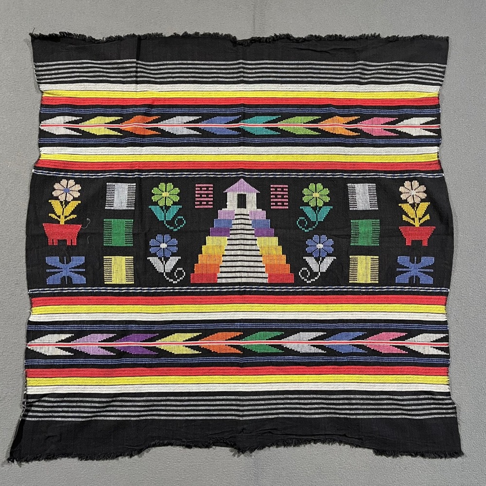 Vintage Mayan Pyramid Hand Woven Textile Tapestry Black Rainbow Folk Art 33x33